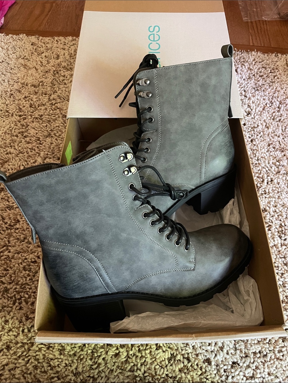 Maurices Gray Lace-Up Combat Boots with Chunky Heel